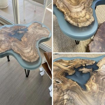 Table d’appoint en teck et epoxy bleu clair